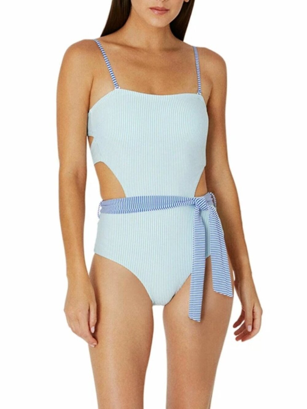 Onia Rumi Swimsuit Sz L Seersucker Stripe Bondi Blue Cut Out Tie Belt Padded